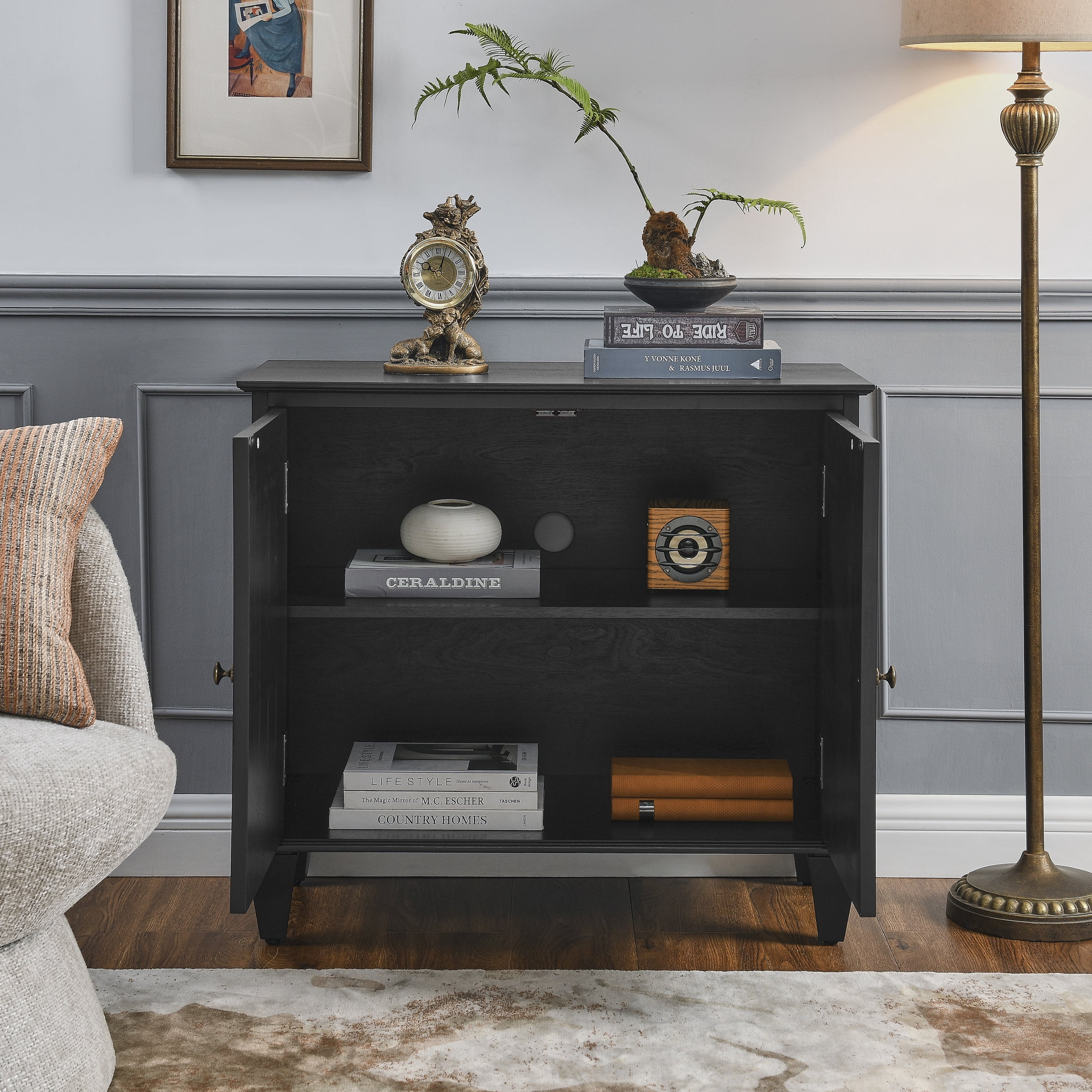 Noble House 33.6" Retro Wooden Sideboard Buffet Cabinet with Geometric Accent, Adjustable Shelf for Living Room, Black