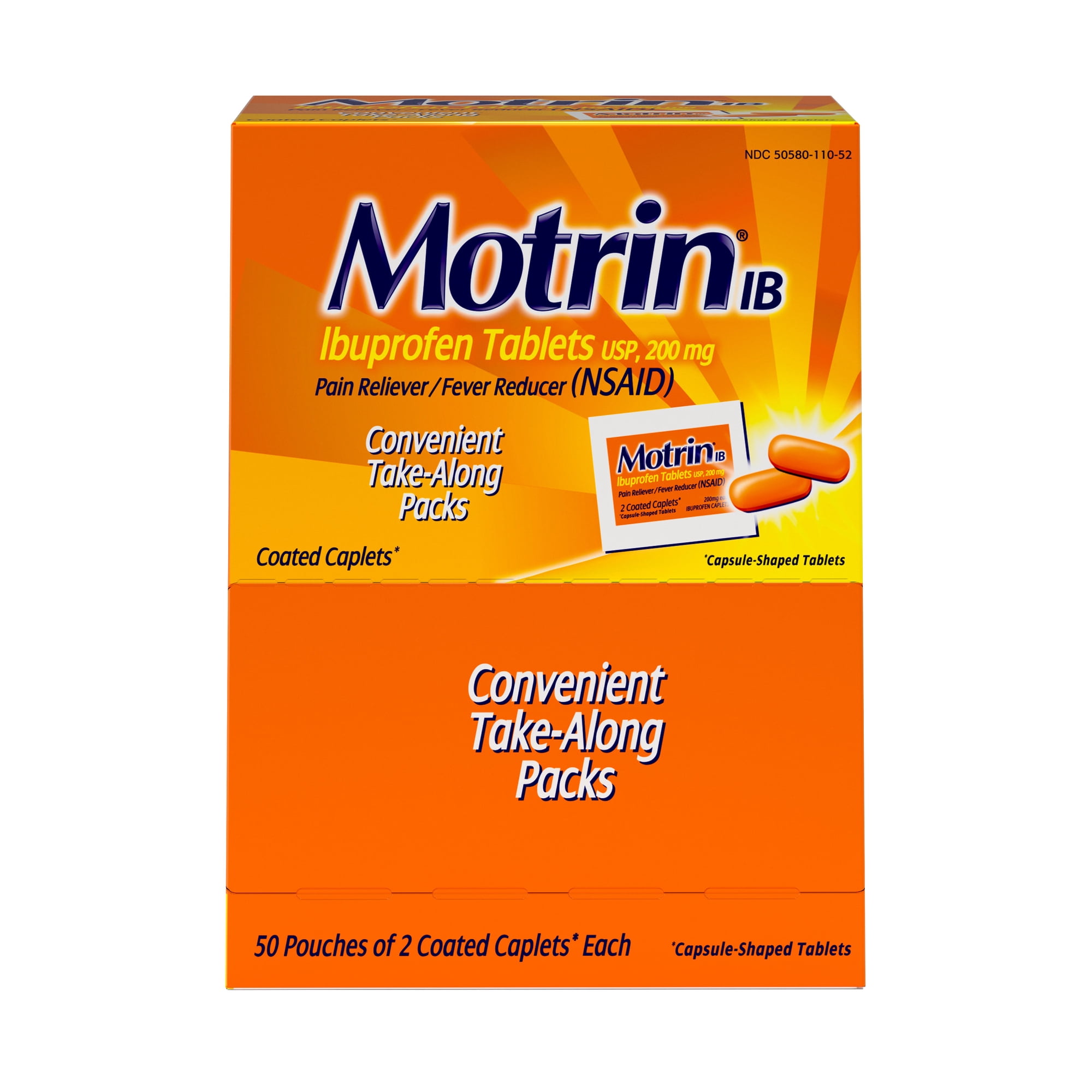 Motrin IB, Fast-Acting Ibuprofen 200mg for Pain & Fever, 50 Packs of 2