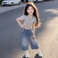 thumbnail image 4 of BOOMNY Girls Baggy Capri Jeans Wide Leg Jeans for Kids Trendy Elastic Waist Bowknot Graphic Denim Pants With Pockets, 4 of 4