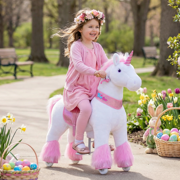 PonyCycle Ride on Unicorn Horse Toys Kids Ride on Horse Plush Rocking Walking Horse with Wheels for Boys and Girls 4-7 Years Ux402