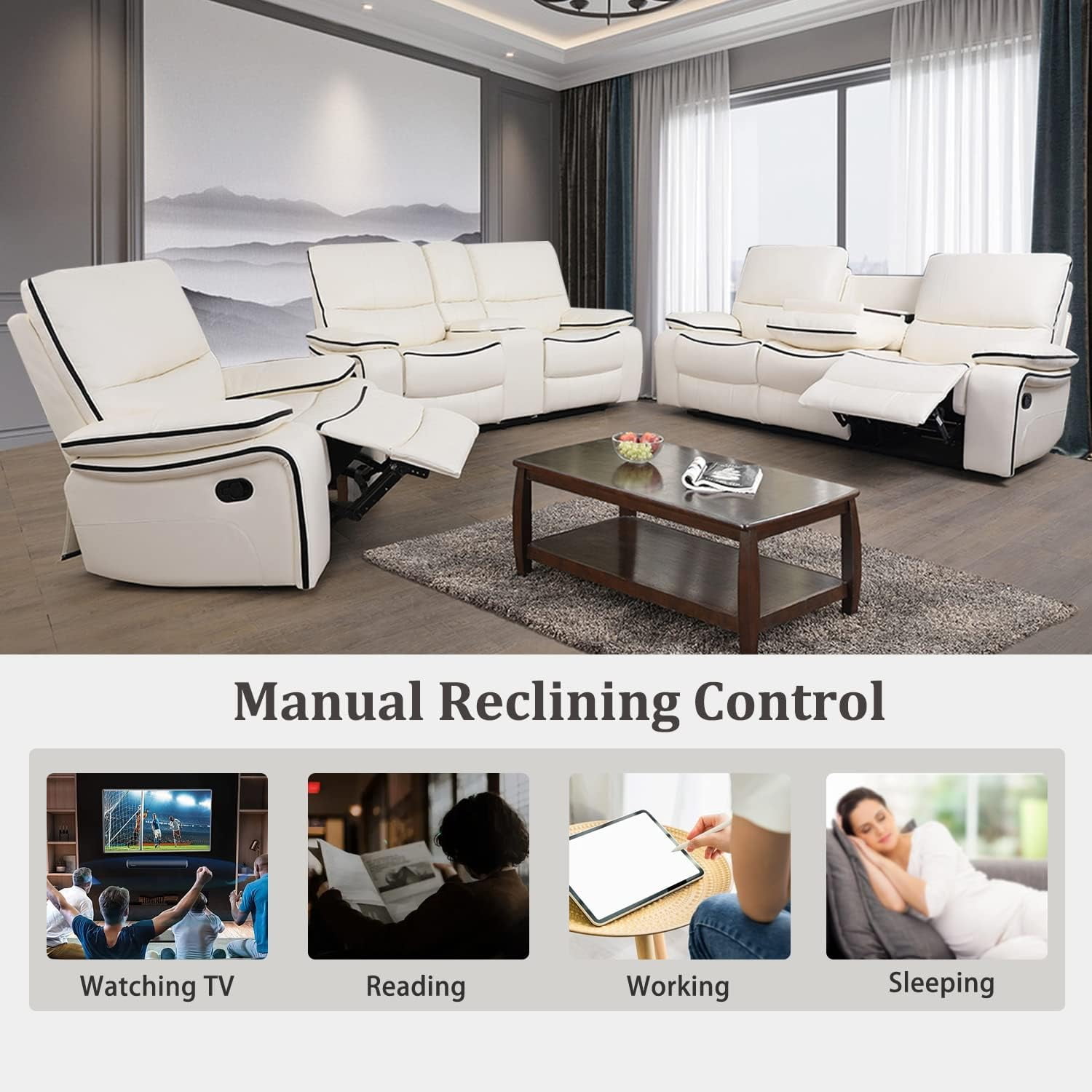 Recliner Sofa Set Bonded Leather, Living Room Furniture Set,Leather Sofa Set Reclining Sofa Manual Recliner Couch (Sofa+Loveseat+Chair,Cream White)