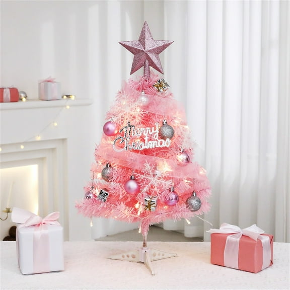 Mini Christmas Tree with 40 Lights, 17.7Inch Table Top Tree with Christmas Balls, Small Artificial Tree with Merry Christmas 8 Lighting Modes for Fireplace Desktop Home Indoor Xmas Decor(Pink)