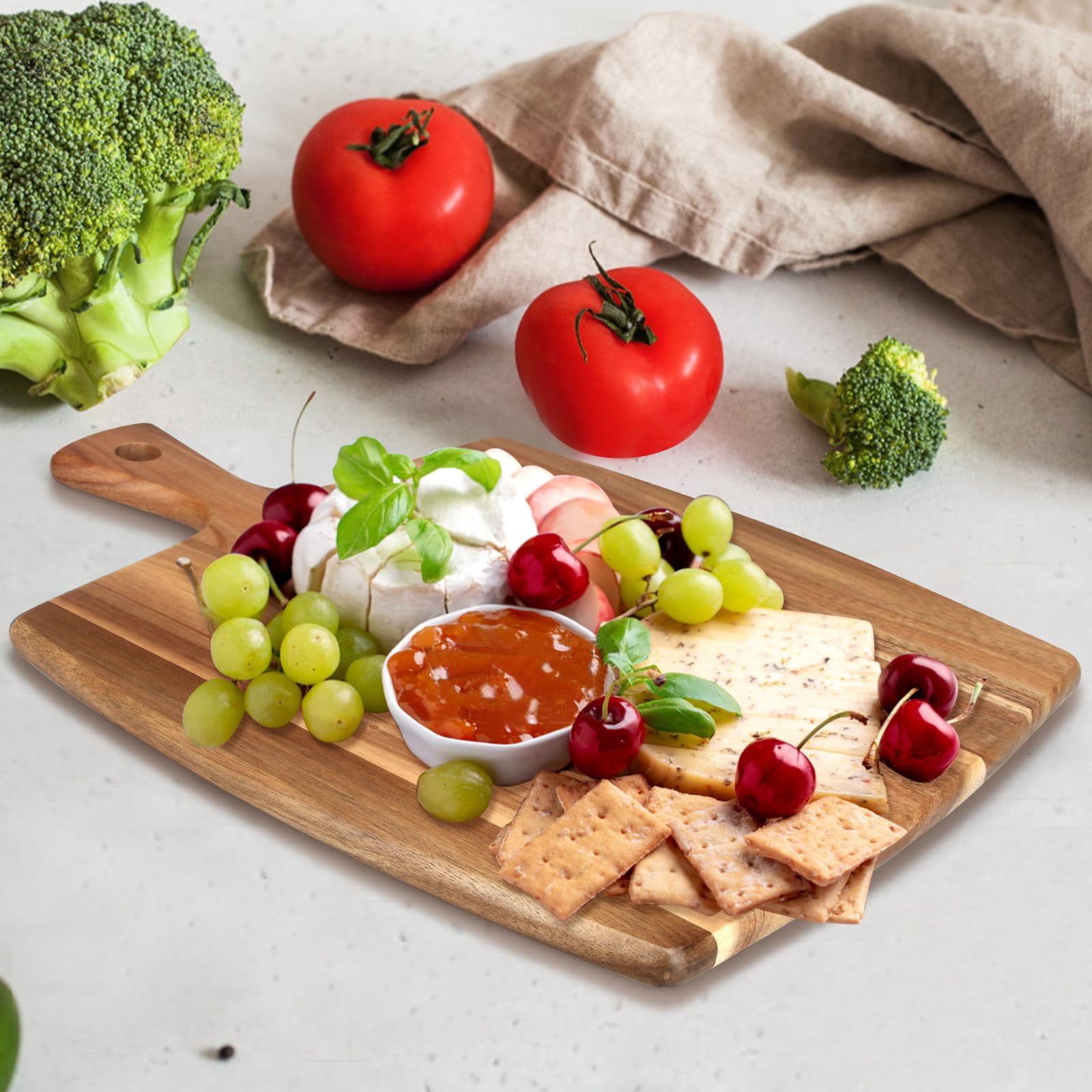 Acacia Wood Cutting Board with Handle, Kitchen Chopping Board for Bread Meat Fruit Cheese, Charcuterie Serving and Carving, 17 x 10 Inch Durable Butcher Block