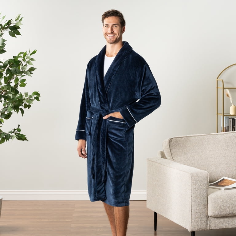 Pavilia Men's Fleece Bathrobe with Trim Piping, Navy Blue photo 7