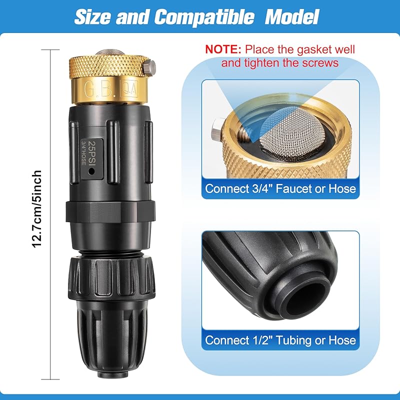 1 Set 25 Psi Drip Irrigation Faucet Adapter Kit 1/2'' Irrigation Tubing to 3/4'' Faucet Water Pressure Regulator Backflow Preventer with Filter, Drip Irrigation System Parts (25 Psi)