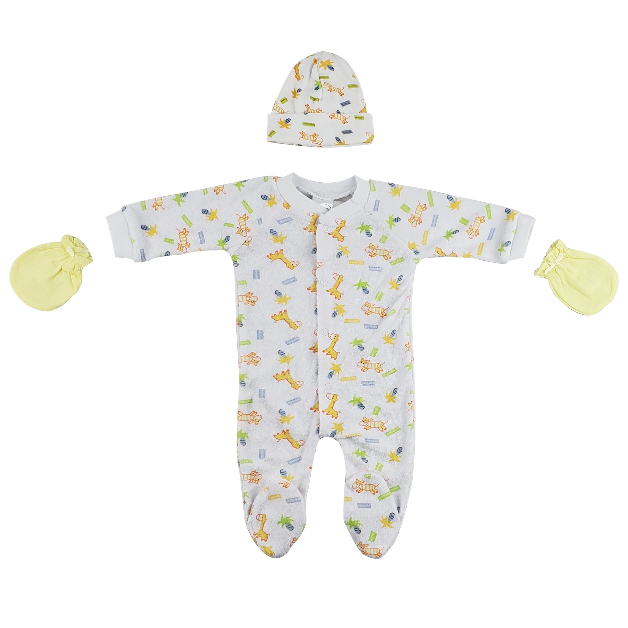 CS-0031 Sleep-n-Play, Cap & Mittens, White & Yellow - Newborn - 3 Piece