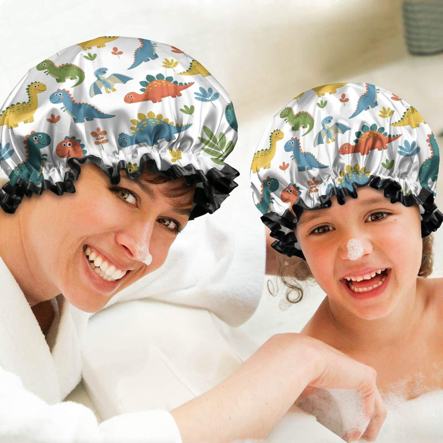 Shower Caps,Colorful Dinosaur and Leaf Pattern Waterproof Shower Cap for Women 4 Pieces,Double Reusable Hair Cover for Shower PEVA Elastic Stretch Hem