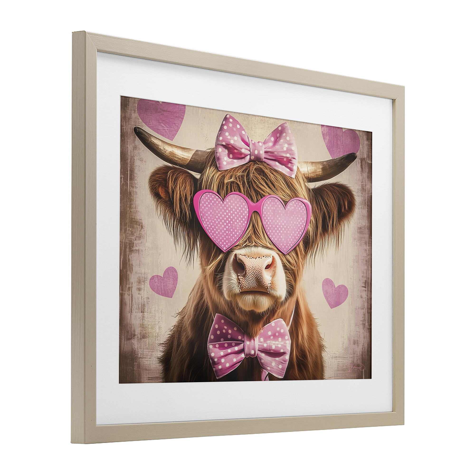 Cute Cattle Pink Hearts Birch Framed Print Under Glass, design by Shawna Stewart