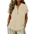thumbnail image 2 of MOJOGO Women's Ruffle Short Sleeve Tops V Neck Linen Blouse Loose Quarter Button Up Shirts Loose Casual Summer Tops, 2 of 6