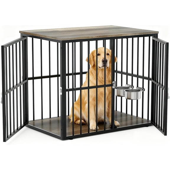 Roromall 43" Large Dog Crate Furniture, Heavy Duty Wooden Dog Kennel with Double Doors, Indoor Pet Cage House, Furniture Style Crate End Table for Large/Medium Dogs