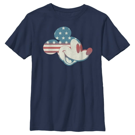 Boy's Mickey & Friends Fourth of July Mickey Mouse Face Graphic Tee Navy Blue Large