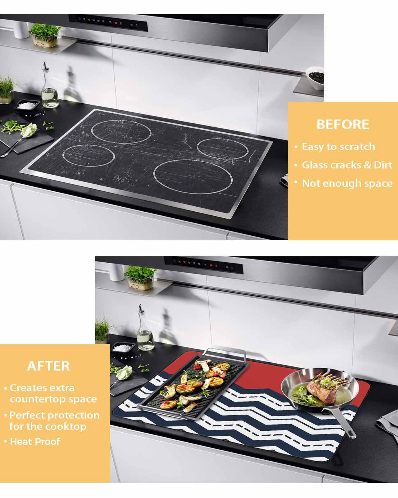 nqOlkjepod Large Induction Cooktop Protector Mat 36"x21", Black Chevron Stove Top Covers for Electric Stove, Geometric Navy Blue White Sea Wavy Striped Stove Burner Cover Mats, Glass Top Stove Cover