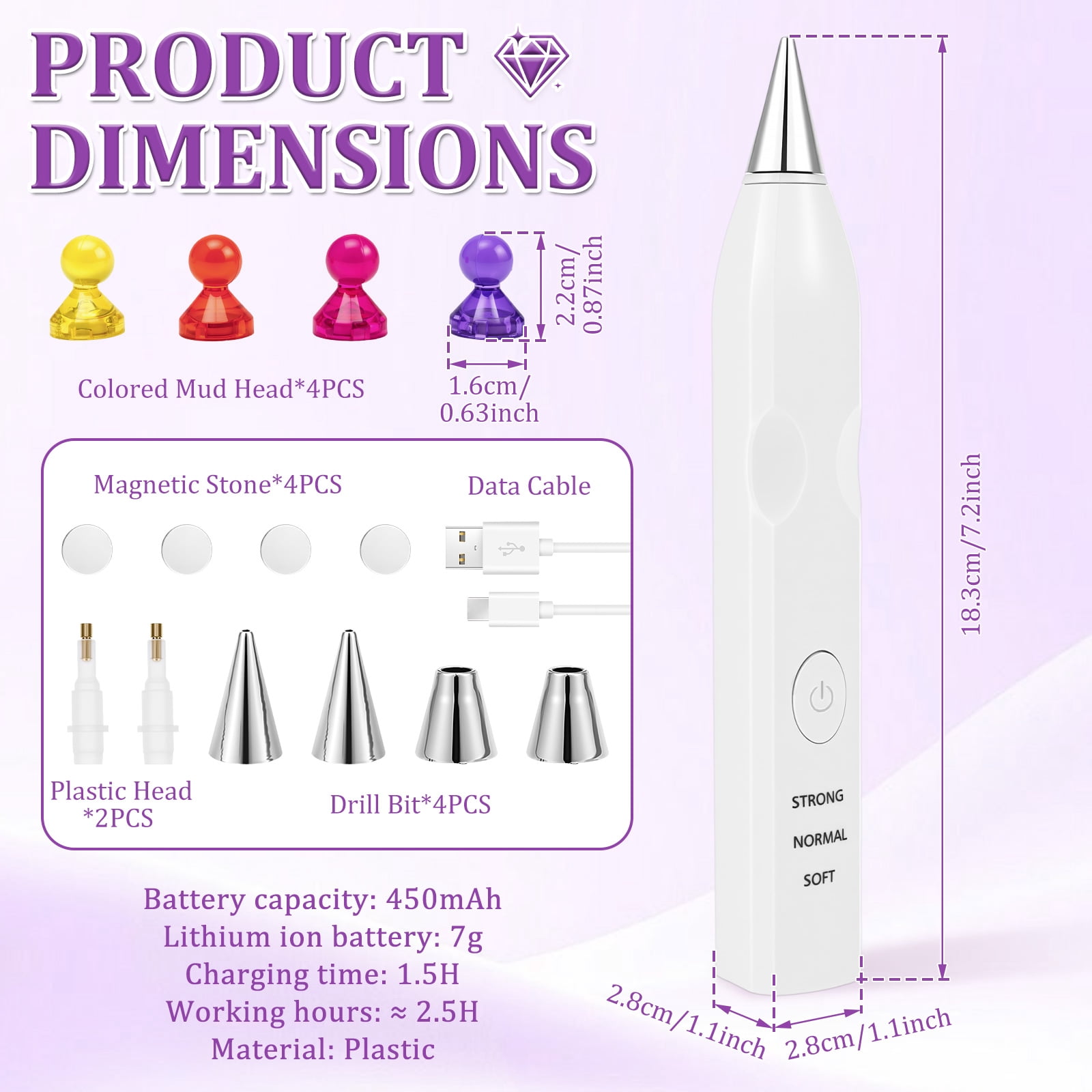 Electric Diamond Painting Pen Kit Cordless USB-C Rechargeable Diamond Art Tool with Vacuum Pickup No Wax for DIY Craft Lovers (White)
