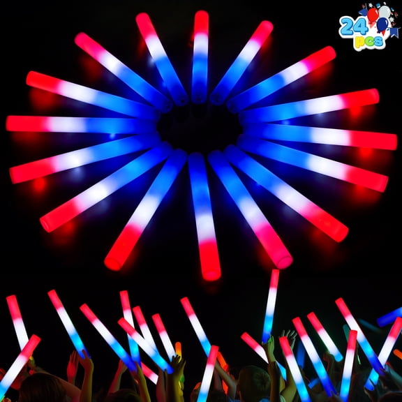Joyfy 24 Pcs 4th of July Foam Glow Sticks, Patriotic Red White Blue LED Glitter Stick with 3 Modes Flashing for Kid Adult, Glow in The Dark Party Favor Supplies for Independence Day Parade, Carnival