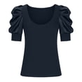 thumbnail image 6 of Fesfesfes Women's Short Sleeve Tops Women's Low Cut Round Neck Bubble Sleeve Threaded Stitching Slim Fitting Short Sleeved T-shirt Mesh Short Sleeve Tops for Women 4(S), 6 of 7
