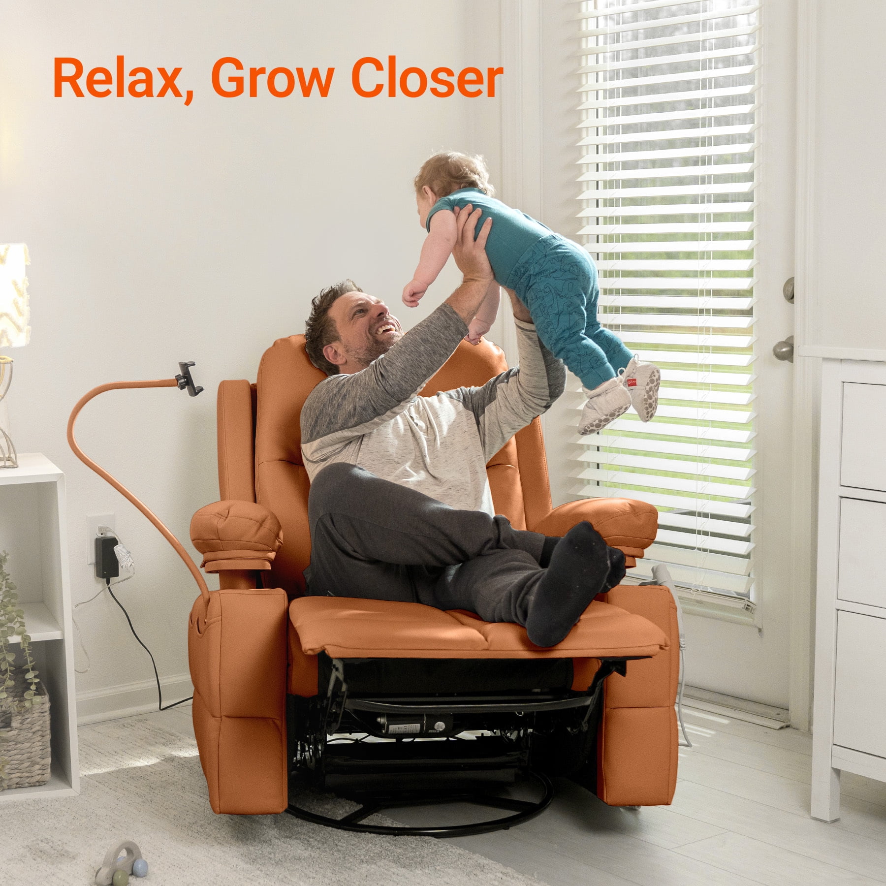 MAMAZING Nursery Rocking Chair Swivel Glider Oversized Recliner with Pockets Electric Power Baby Nursing Chair Brown