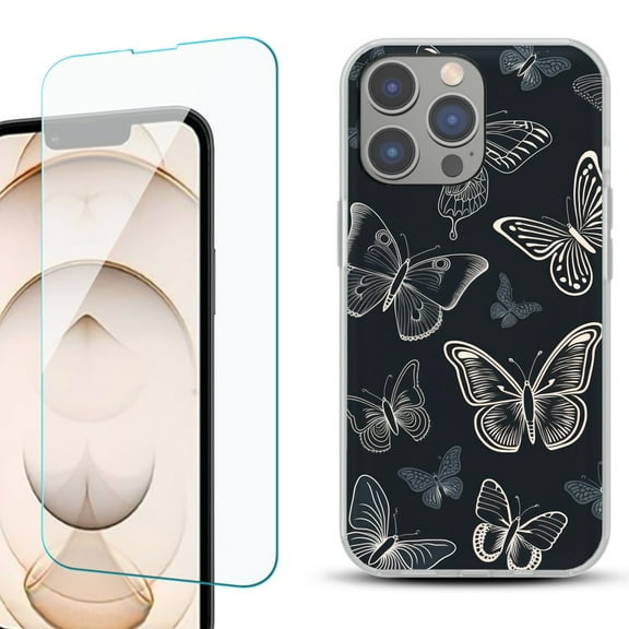 OneToughShield ® for iPhone 15 Pro Max Shockproof Fashion Phone Case, with Tempered Glass Screen Protector - Butterfly BW