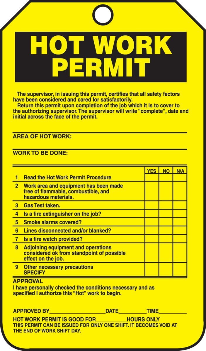 Signs Tcs361ctp Hot Work Status Tag Legend Hot Work Permit Checklist 5 75 Length X 3 25 Width X 0 010 Thickness Pf Cardstock Black On By