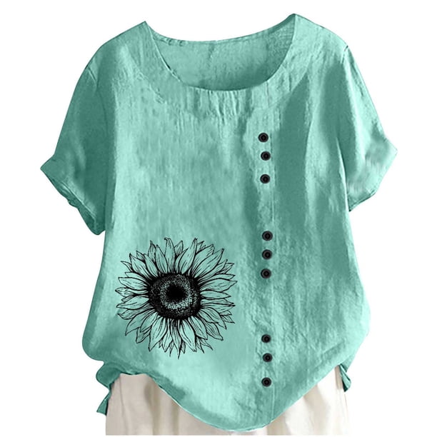 Camiseta Casual de Manga Corta con Botón de Cuello Redondo de las Mujeres, Tops Cortos para las Mujeres
