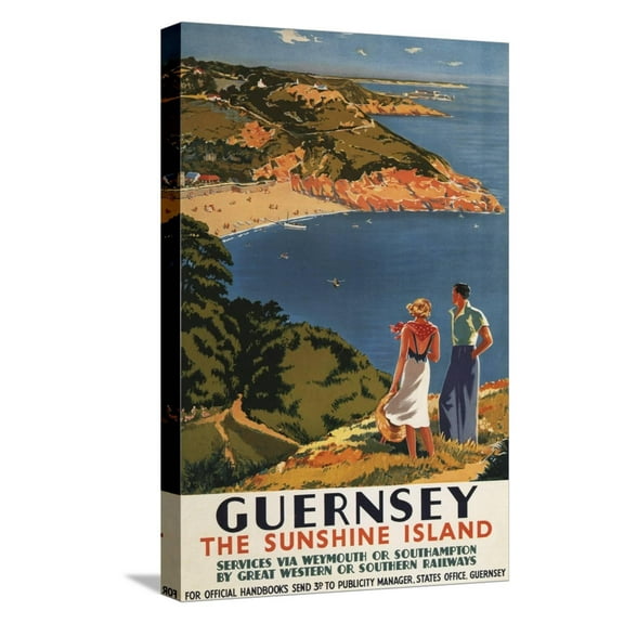 Art.com Guernsey, England - Southern/Great Western Rail Couple on Cliff Poster Stretched Canvas Print Wall Art by Lantern Press, 12" x 18"