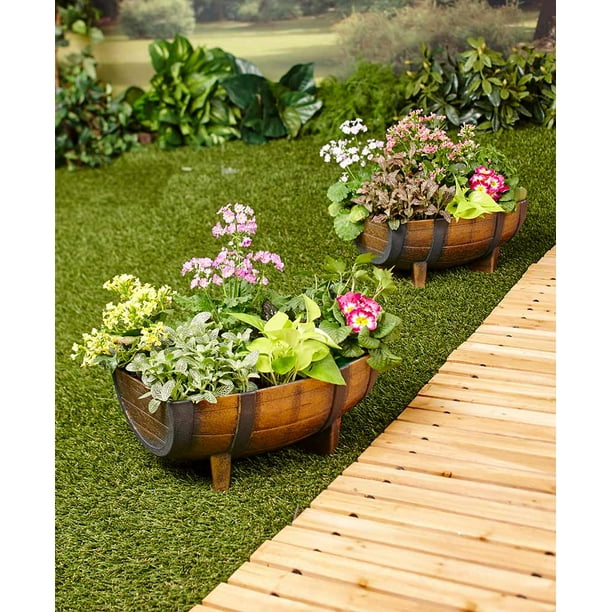 Set of 2 Classic Look Half Barrel Garden Yard Deck Planters Drainage
