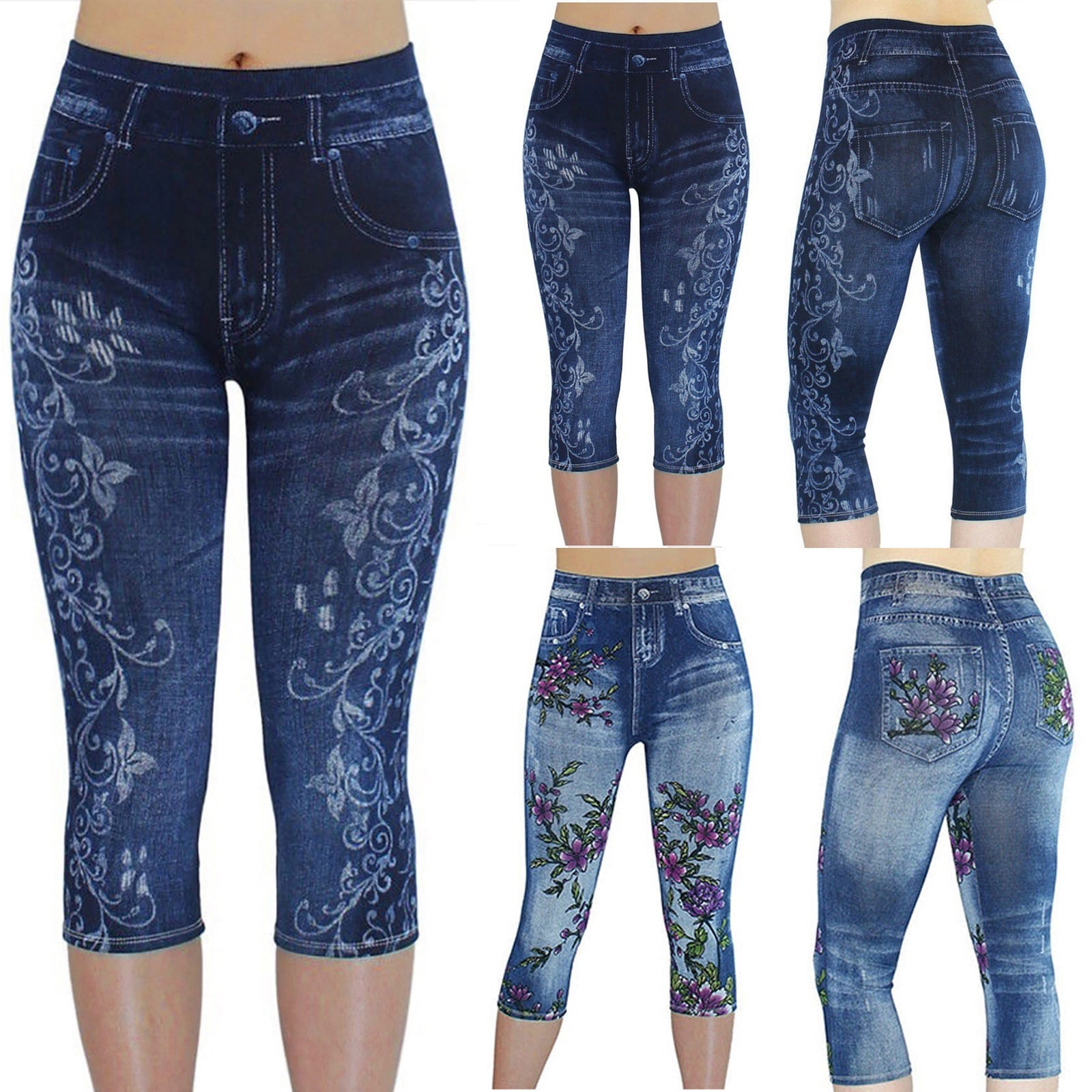 symoid Women's Denim Capri Pants on Clearance Printed Denim Leggings Legging Light Blue Cropped