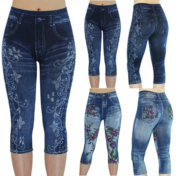 symoid Women's Denim Capri Pants- on Clearance Printed Denim Leggings Legging Dark Blue Cropped Pants Size L