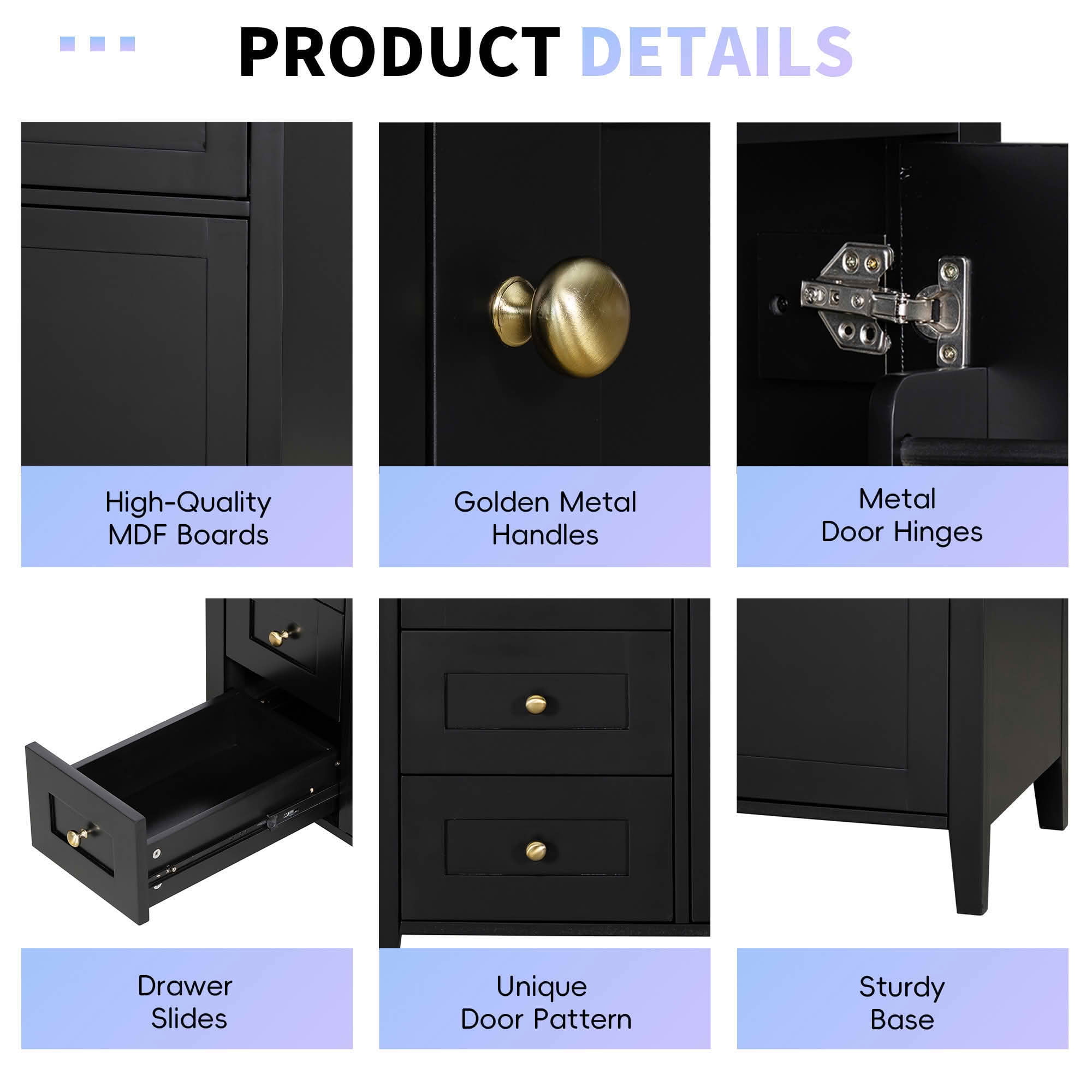 MAYEERTY 24" Bathroom Vanity with Sink Solid Wood MDF 1 Flip Drawer 2 Drawers Adjustable Shelf Black
