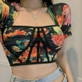 thumbnail image 2 of Women's Short Sleeve Square Neck Floral Tee Shirt Retro Crop Top, 2 of 5