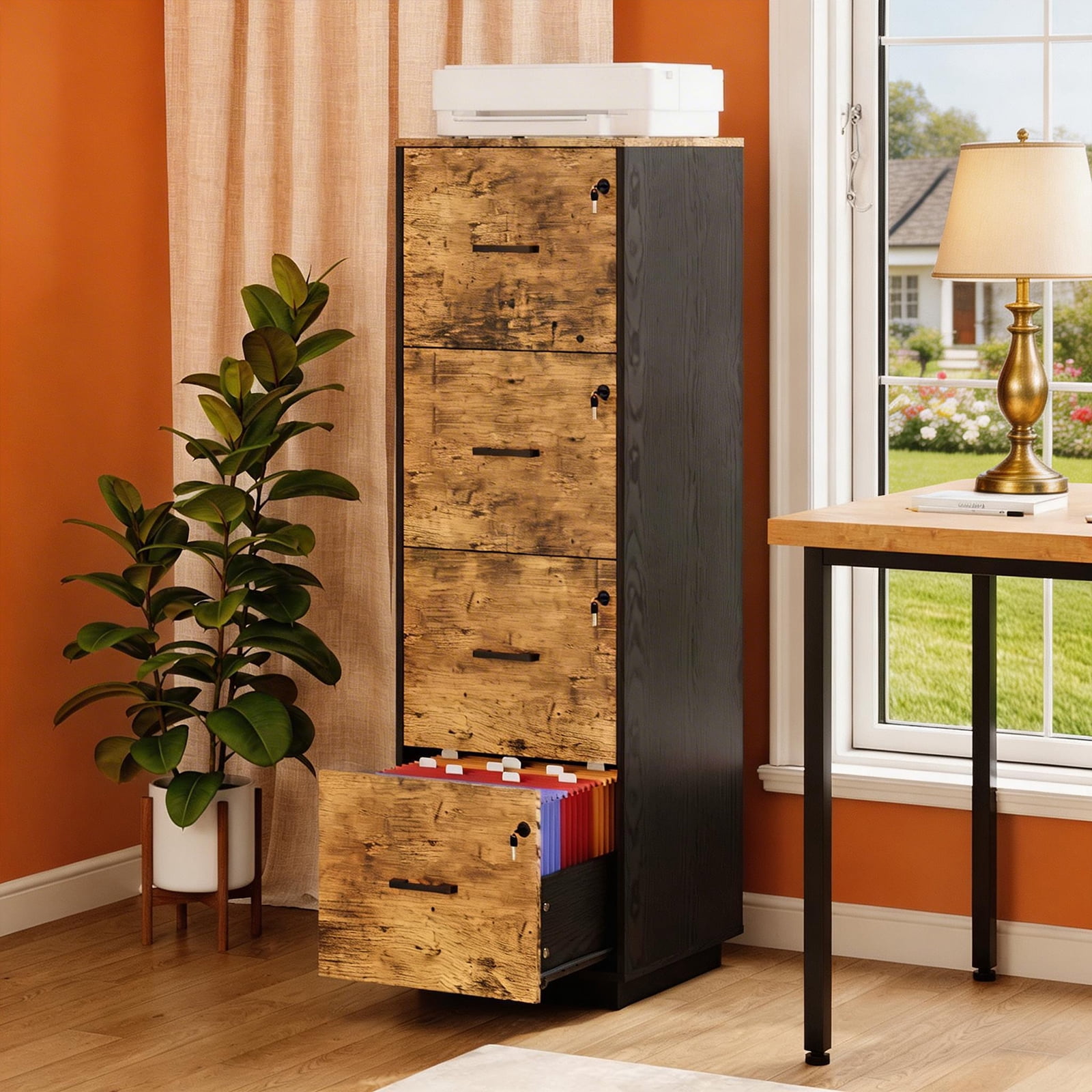 Ktaxon Wood Lateral File Cabinet with Lock for Home Office, Lockable Filing Cabinet, Easy to Assemble, Brown