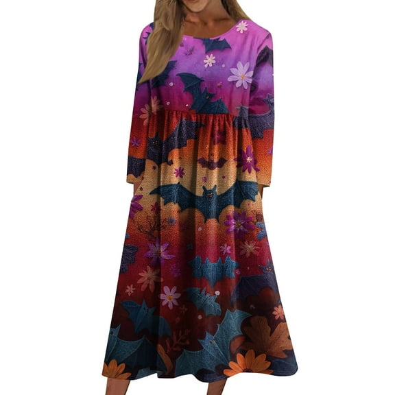 Women's Casual Crew Neck Halloween Print Midi Dress Long Sleeve Pocket Dress Fall Comfort Wear for Everyday Use,Deep Red,L