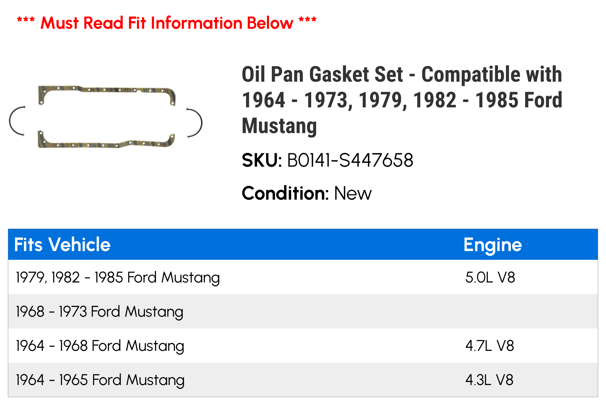 Oil Pan Gasket Set - Compatible with 1964 - 1973, 1979, 1982 - 1985 Ford Mustang 1965 1966 1967 1968 1969 1970 1971 1972 1983 1984