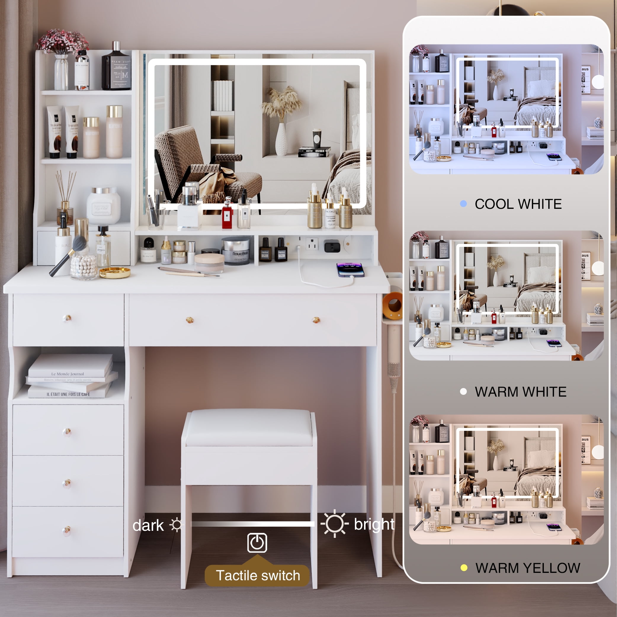 Euroco 41" Large Size Left Drawer Desktop Vanity Table+Cushioned Stool Dresser Set, 2 AC+2 USB Power Station, Hair Dryer Stand, Extra Large Touch Control LED Mirror