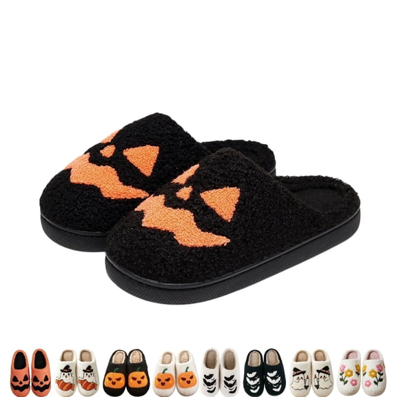 Women's Fashionable Casual Versatile Indoor Home Funny Halloween Pumpkin Face Embroidery Fashionable Fall And Winter Style Trendy Warm Flat Slippers