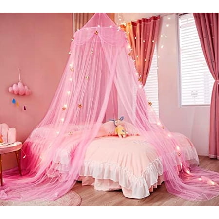 Bed Canopy for Girls with Star Lights,Princess Canopy Bed Curtains Mosquito Net with Gold Star for Girls Room Decor, Canopy for Bed Twin Single Full Queen Size Bed (Pink)