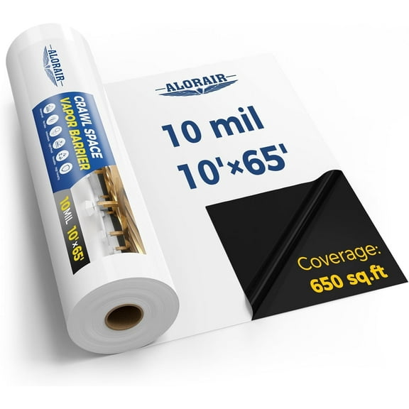 ALORAIR Crawl Space Vapor Barrier 12 mil 10'x65', Drop Cloth Vapor Barrier Covering for Crawlspace Encapsulation Moisture Control, Thick Plastic Sheeting Heavy Duty, Black and White Film