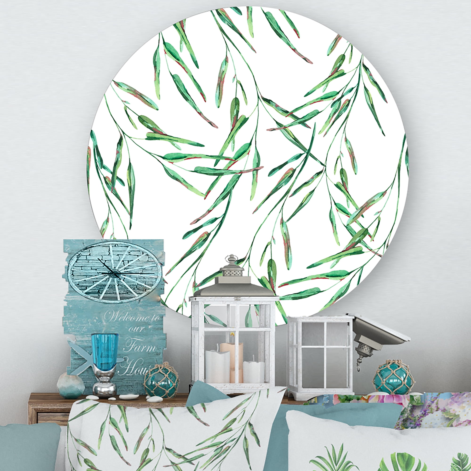 Designart 'Tropical Green Leaves On White In Summer Times II' Tropical Circle Metal Wall Art 23x23 - Disc of 23