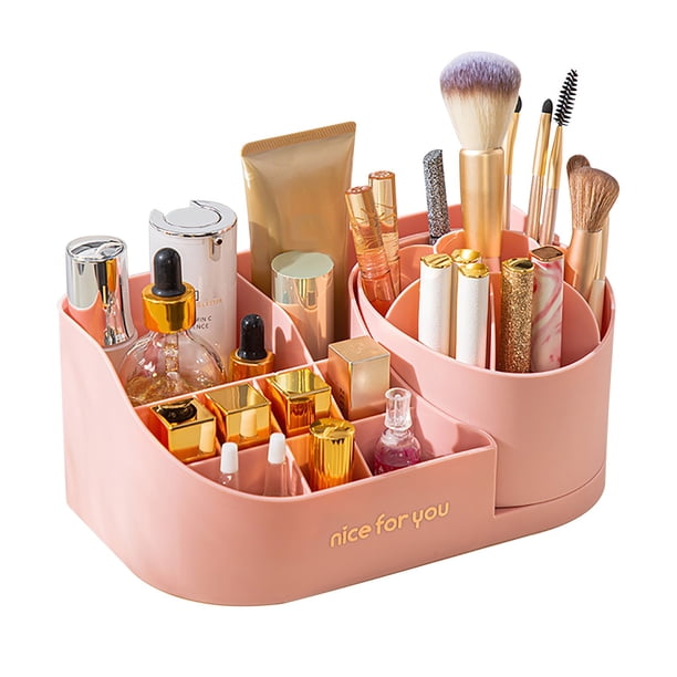 Cubo rosa para guardar brochas de maquillaje, soporte de plástico para brochas, organizador de maquillaje de escritorio, cubo giratorio
