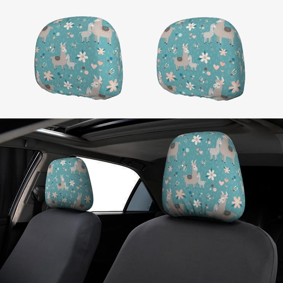 Kdxio Teal Mama Llama Pattern Print 2 Piece Car Head Rest Covers Set Auto Front/Rear Seats Headrest Cover Universal Fit Most Cars,Sedan, SUV