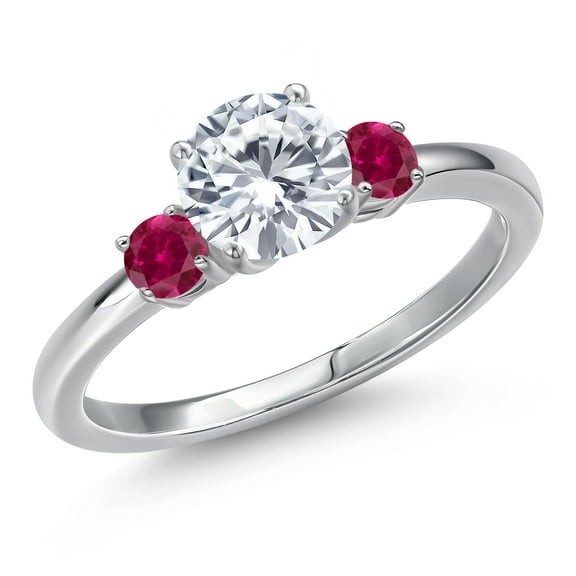 Gem Stone King 14K White Gold Moissanite and Red Created Ruby Engagement Ring for Women | 1.28 Cttw | Round 6.5MM | Gemstone Birthstone | Size 5