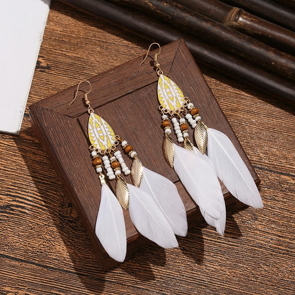HOOUN Women Vintage Pattern Earrings Rice Beads Tassel Earrings Bohemian Earrings-White