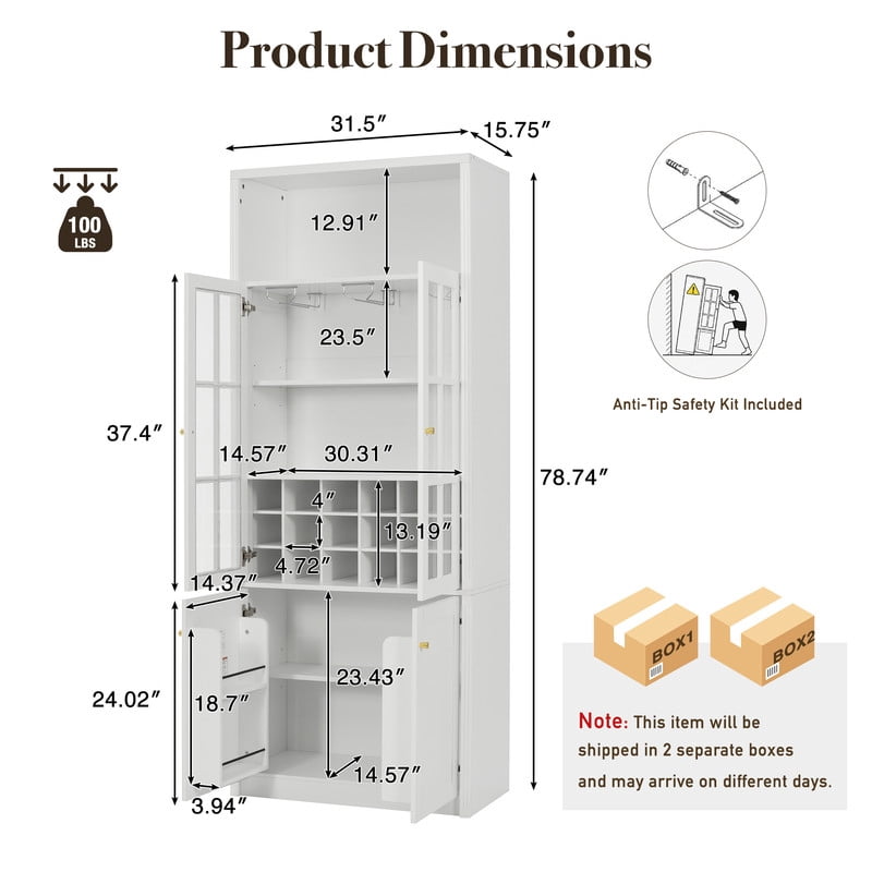 Tall Wine Storage Cabinet with Glass Doors, Freestanding Home Bar Pantry Cabinet with Goblet Rack & 18-Bottle Grid