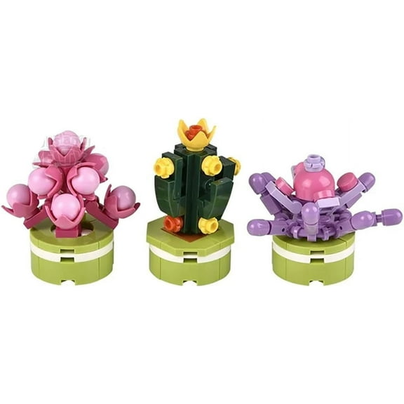 Set of 3 Mini Plant Succulent Flower Building Brick Block Set Toy - Cute Plastic Sphere Container Set