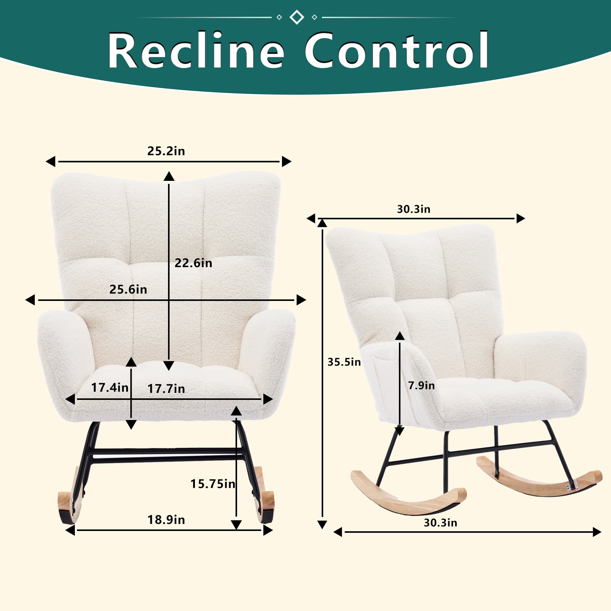 BISHE Modern Nursery Rocking Chair Upholstered Glider Chair with High Backrest Rocker Accent Armchair with Solid Wood Legs for Nursery Bedroom Living Room Teddy, White