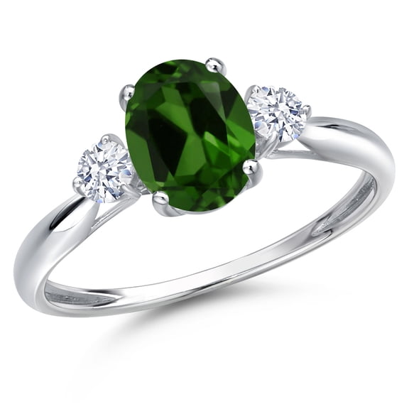 Gem Stone King 10K White Gold Green Chrome Diopside and White Zirconia 3-Stone Ring for Women | 1.42 Cttw | Oval 8X6MM | Gemstone Birthstone | Size 8