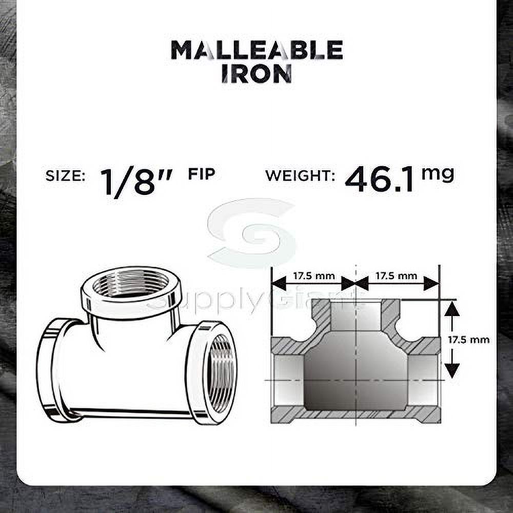 Supply Giant BMTE0018 High Pressure Black Malleable Tee Fitting with Female Threaded Connections, 1/8"