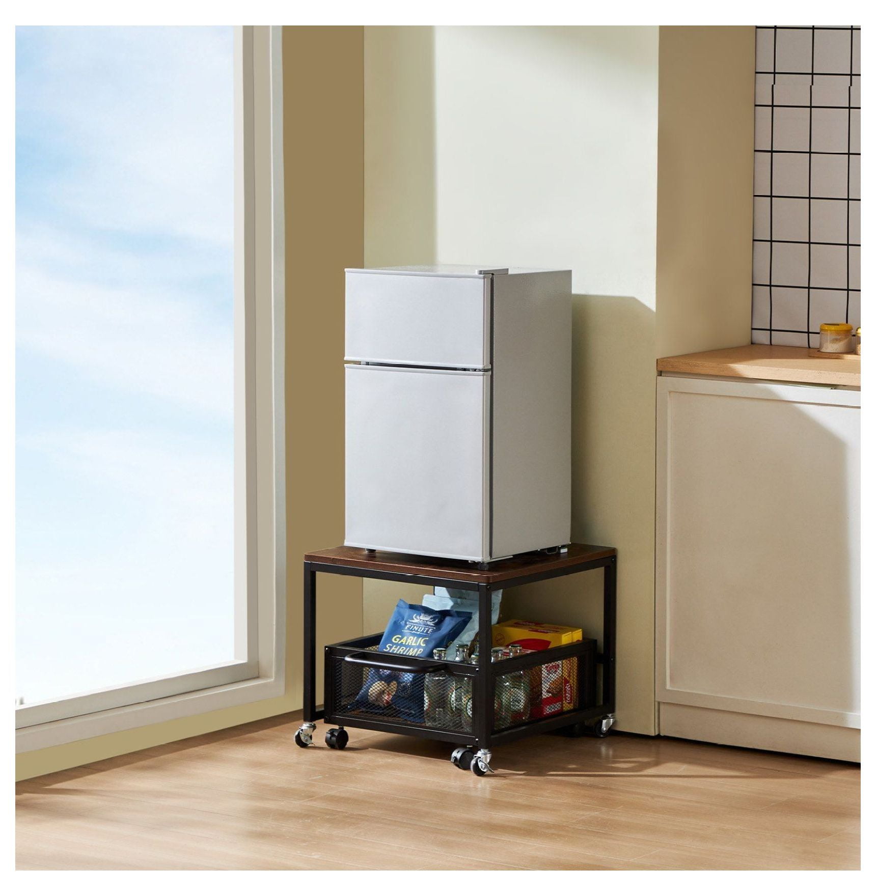 Mini Fridge Stand with Storage, 198lbs Capacity, Swivel Wheels - Beverage Refrigerator Table for Home, Dorm, Coffee Bar - Dark Brown Organizer