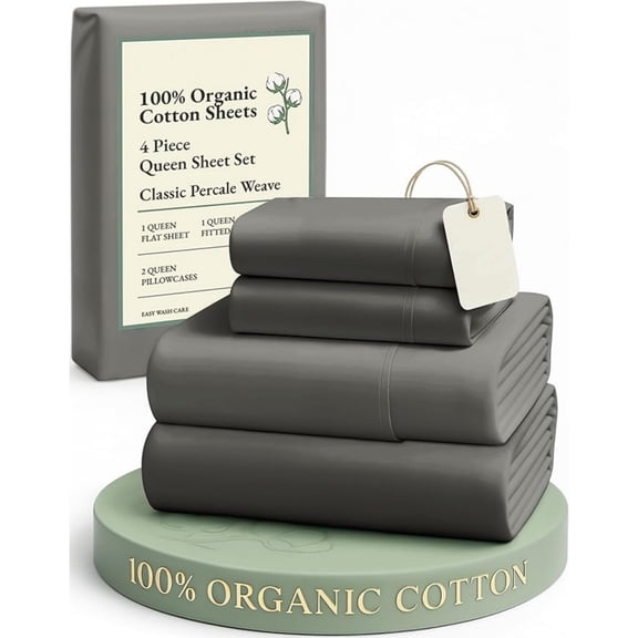 Sustainably Produced 100% Organic Cotton Queen Size Bed Sheets, Soft & Comfy Naturally Cooling Percale Cotton Sheets, Low Pill Fade Resistant 15" Deep Pocket Queen Sheets– Charcoal