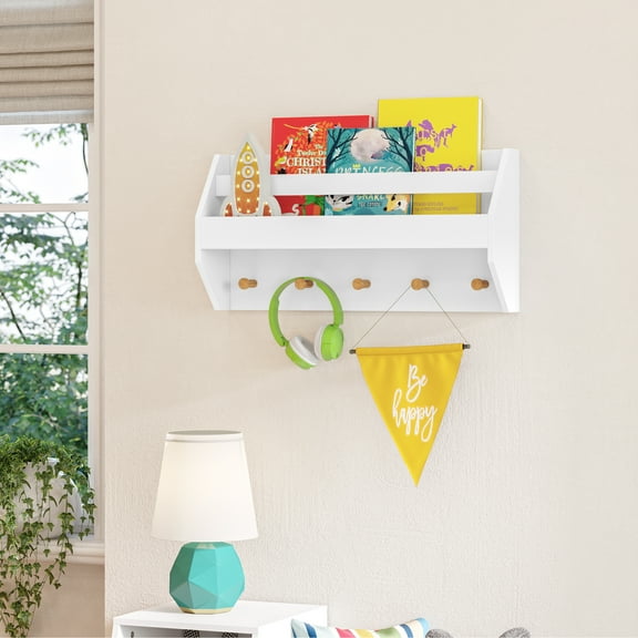 RiverRidge Kids Catch-All Wall Bookshelf with Bookrack and Hooks - White with Pine Wood