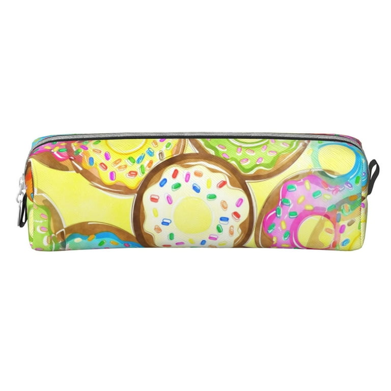 XMXT Leather Pencil Case, Watercolor Donut Pattern Large Capacity